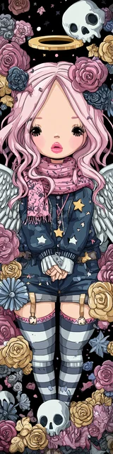 Free kawaii angel bookmark featuring wavy pink hair kawaii angel with halo